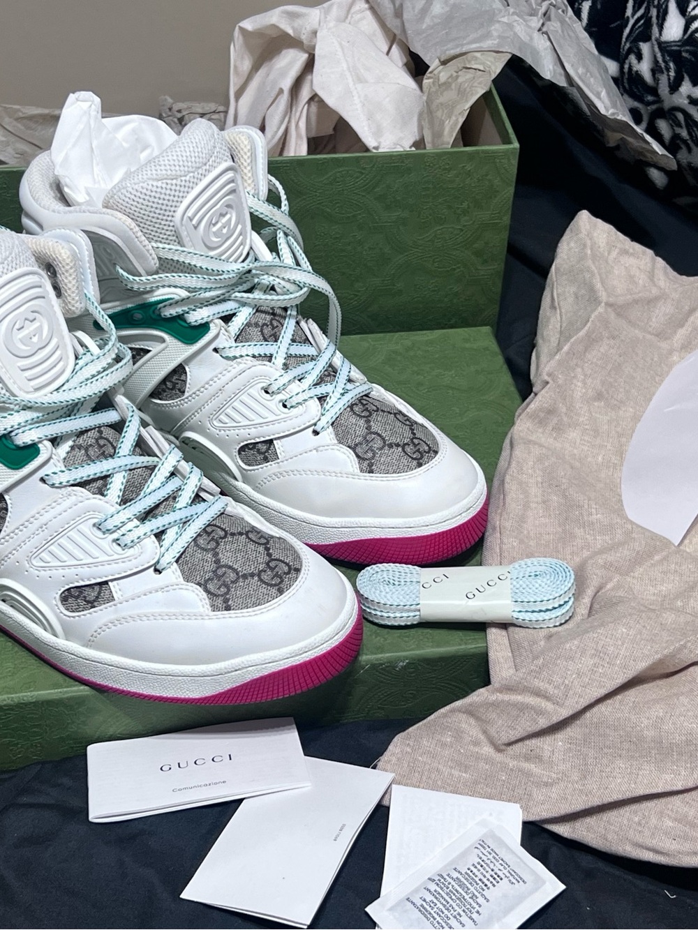 Gucci White Pink Green High-Top GG-Panel Sneakers